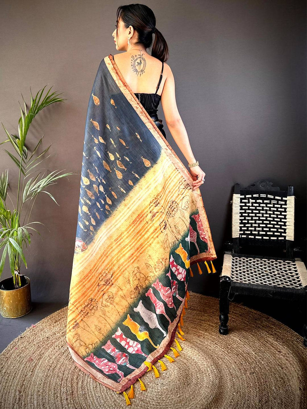 Black Linen Silk Saree with Artistic Village Print & Multicolor Folk Motifs