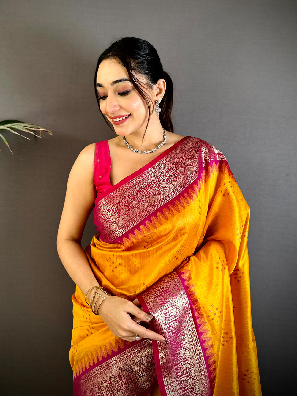 Bright Yellow Banarasi Soft Silk Saree with Pink Zari Border & Traditional Pallu