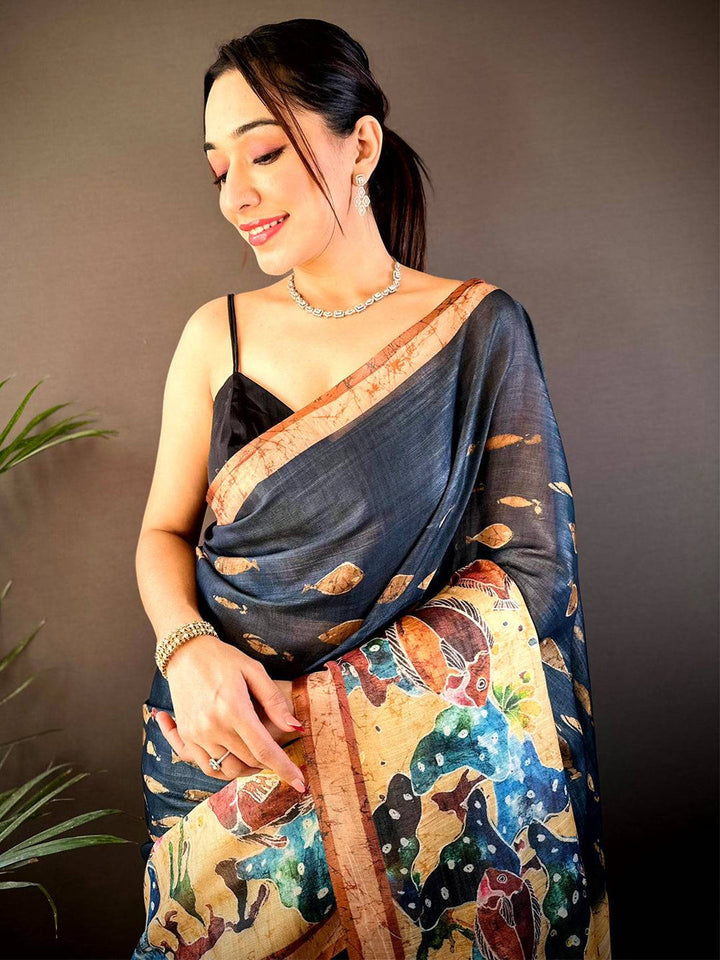 Black Linen Silk Saree with Artistic Village Print & Multicolor Folk Motifs