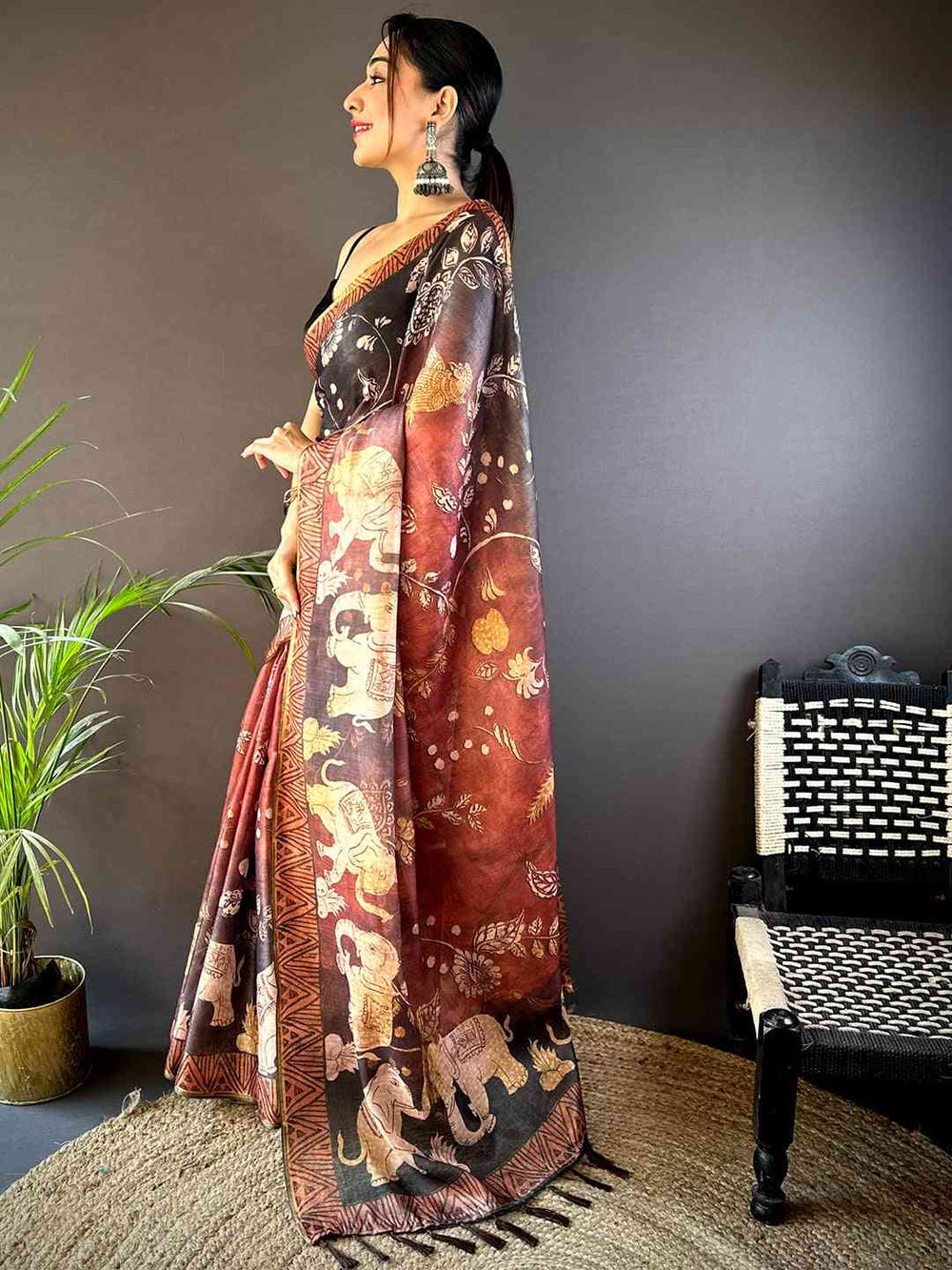 Brown & Black Linen Silk Saree with Handcrafted-Style Elephant Print & Traditional Motifs