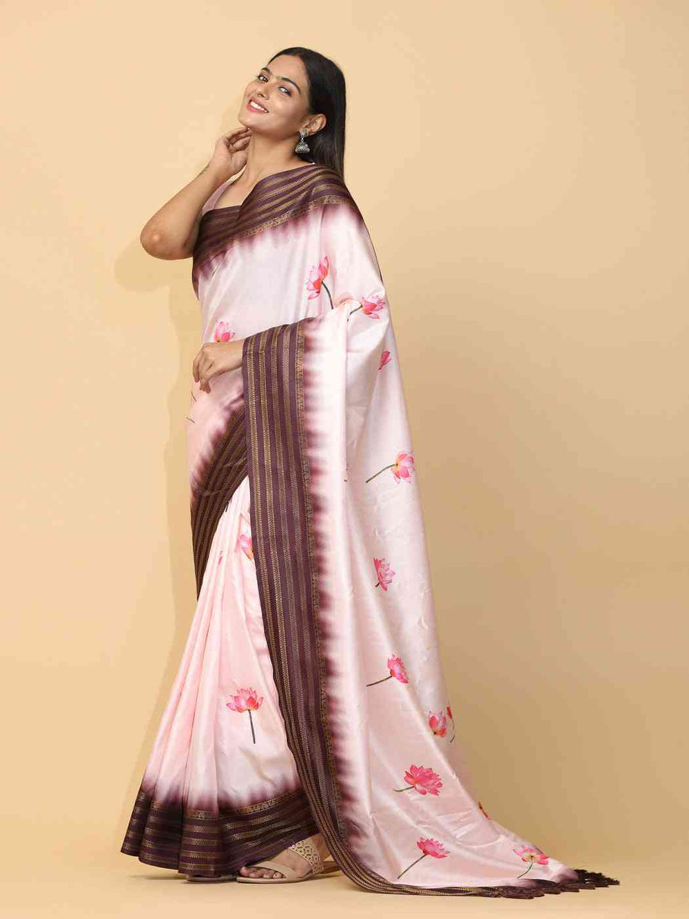 Blush Pink Soft Silk Saree with Lotus Print & Brown Zari Border