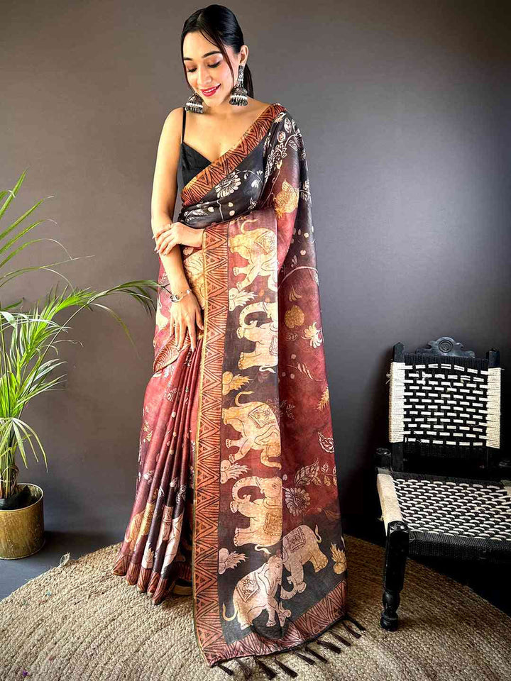 Brown & Black Linen Silk Saree with Handcrafted-Style Elephant Print & Traditional Motifs