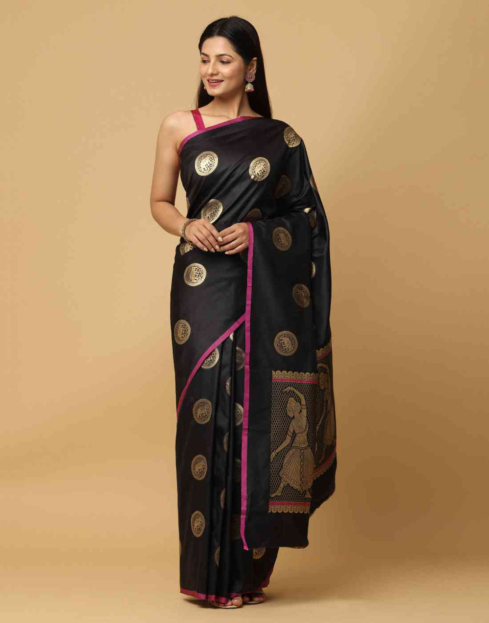 Black Silk Saree with Gold Coin Motifs & Traditional Dancing Lady Border
