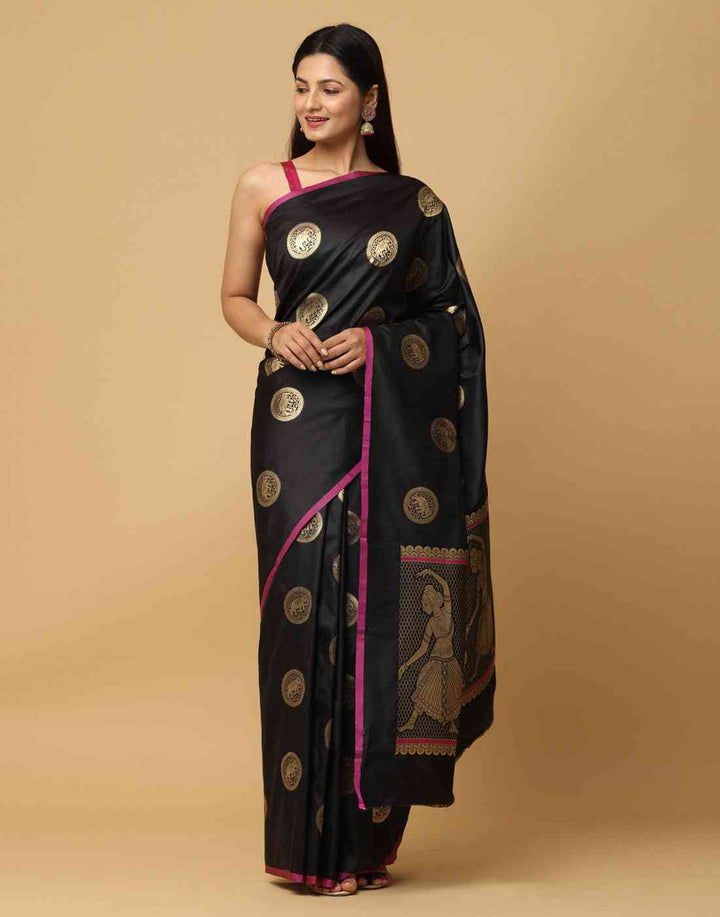 Black Silk Saree with Gold Coin Motifs & Traditional Dancing Lady Border