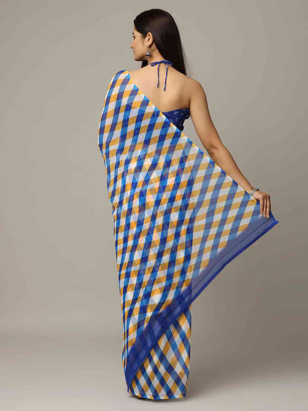 Blue & Mustard Checked Printed Georgette Saree with Contrast Halter Blouse