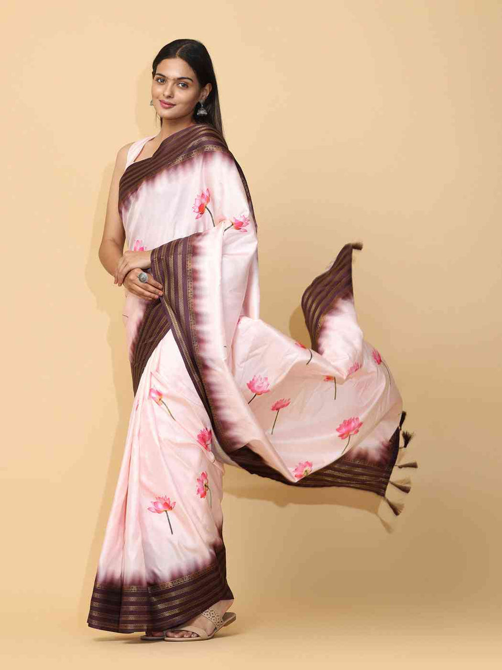 Blush Pink Soft Silk Saree with Lotus Print & Brown Zari Border