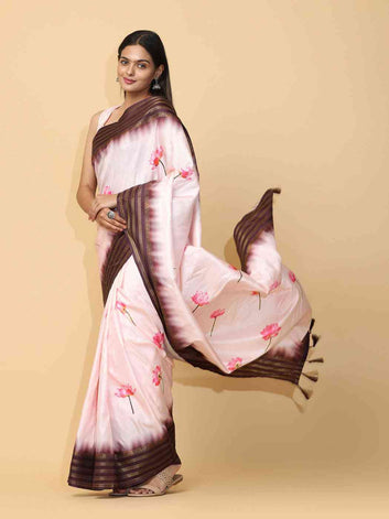 Blush Pink Soft Silk Saree with Lotus Print & Brown Zari Border