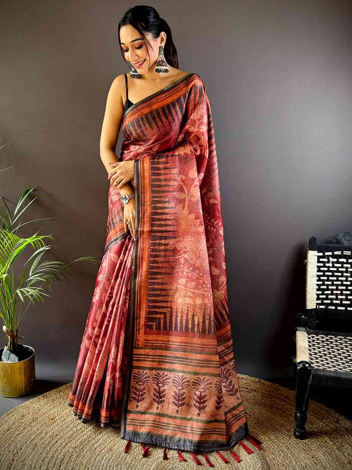 Rust Brown Linen Silk Saree with Ethnic Temple Print & Traditional Border