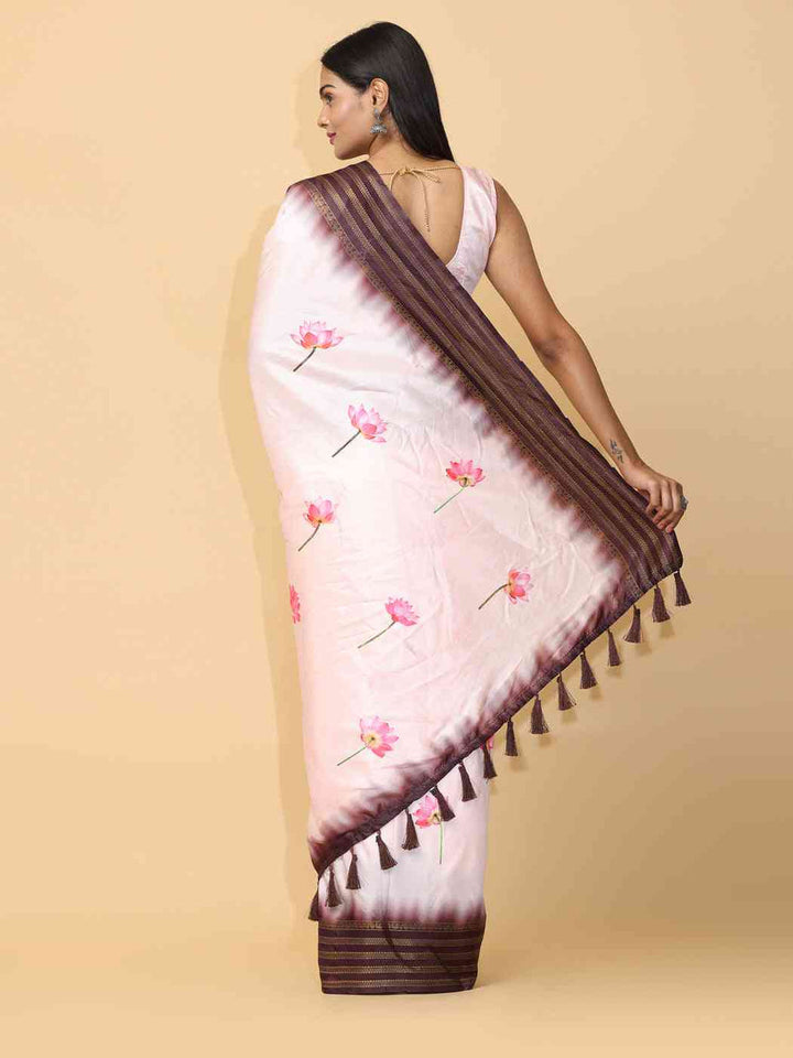 Blush Pink Soft Silk Saree with Lotus Print & Brown Zari Border