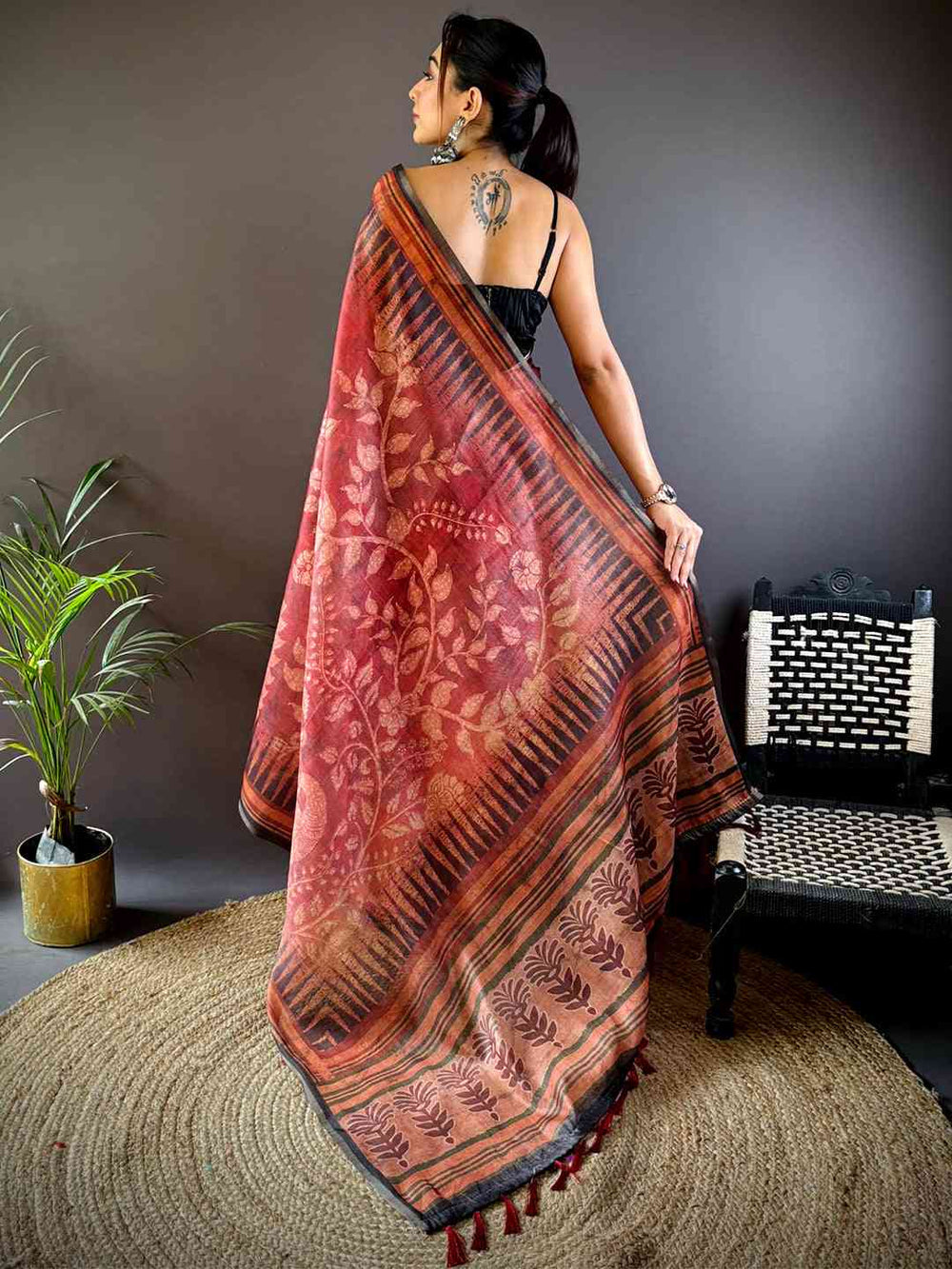 Rust Brown Linen Silk Saree with Ethnic Temple Print & Traditional Border