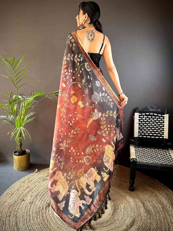 Brown & Black Linen Silk Saree with Handcrafted-Style Elephant Print & Traditional Motifs