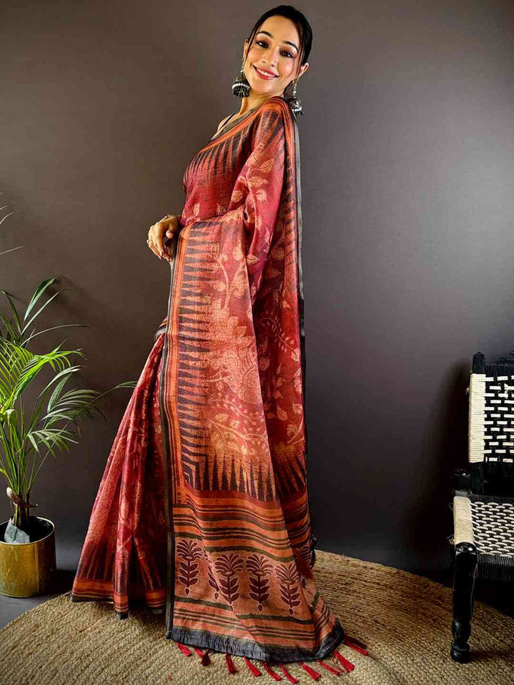 Rust Brown Linen Silk Saree with Ethnic Temple Print & Traditional Border