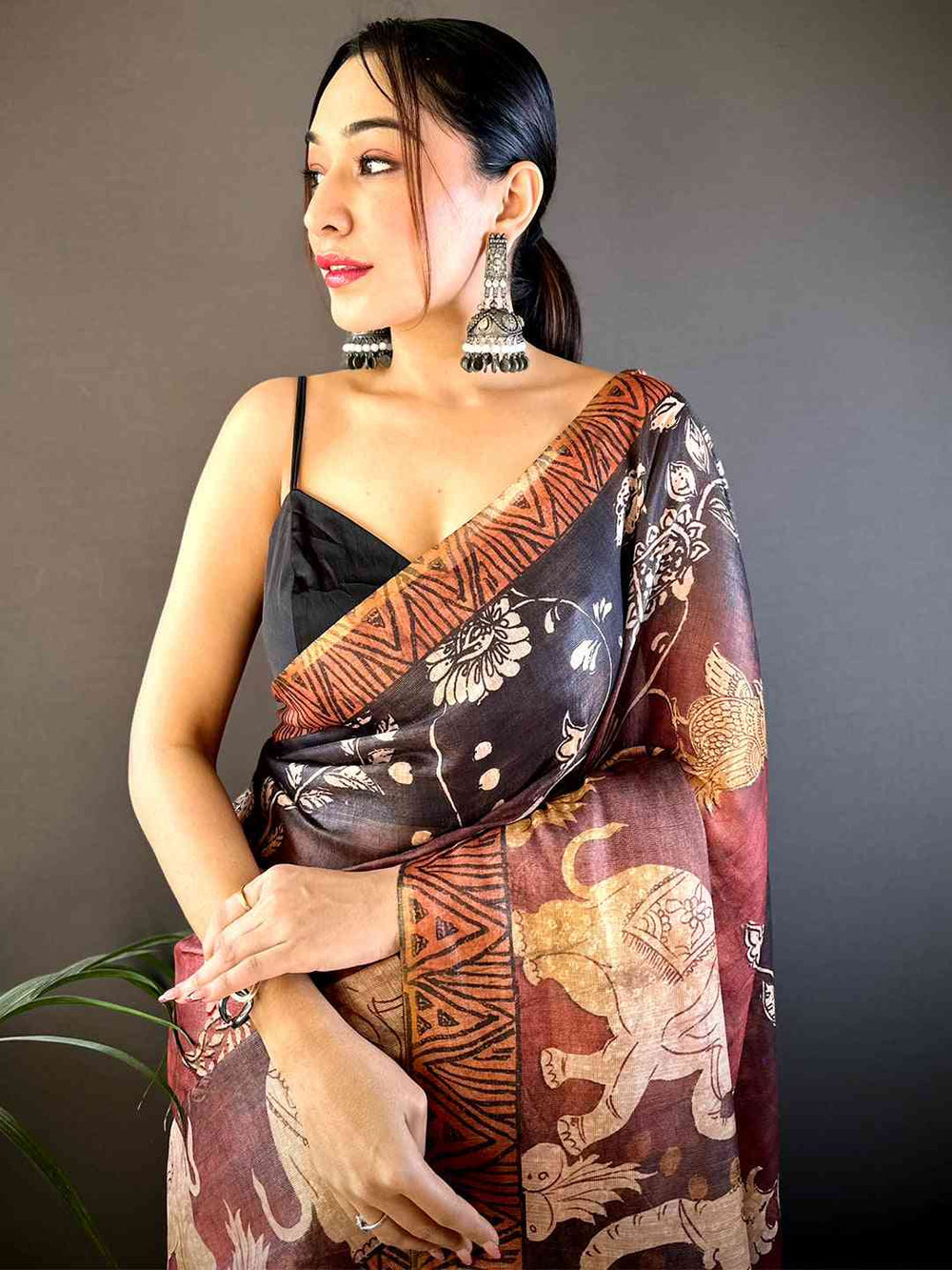 Brown & Black Linen Silk Saree with Handcrafted-Style Elephant Print & Traditional Motifs