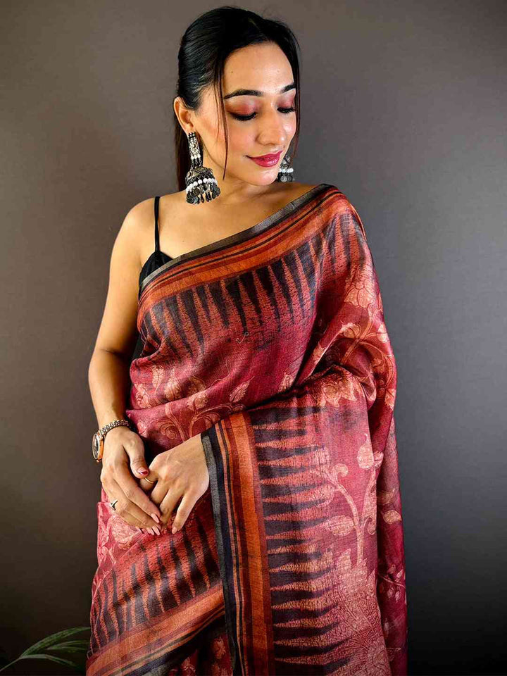 Rust Brown Linen Silk Saree with Ethnic Temple Print & Traditional Border