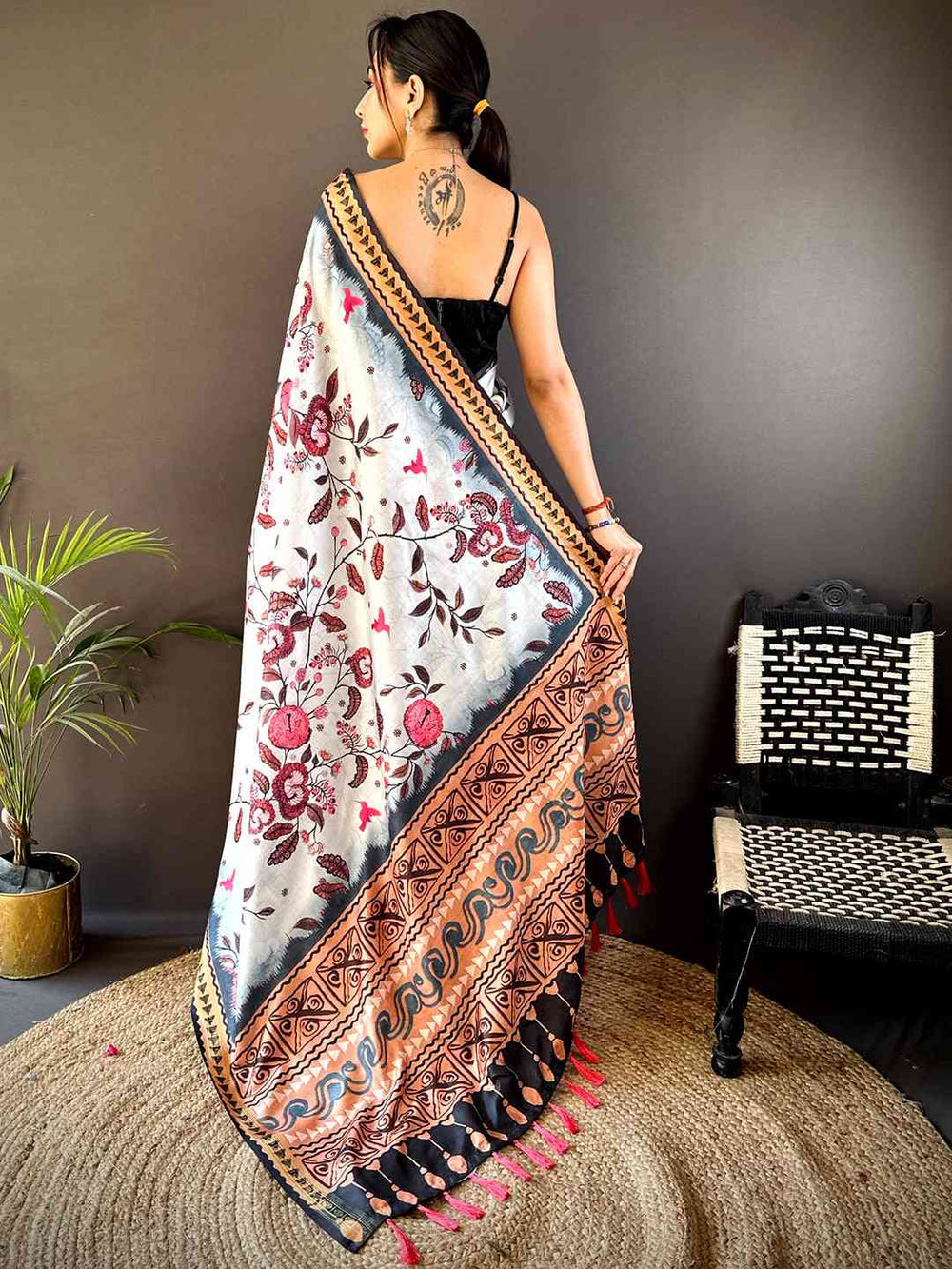 White Linen Silk Saree with Pink Floral Print & Ethnic Copper Border