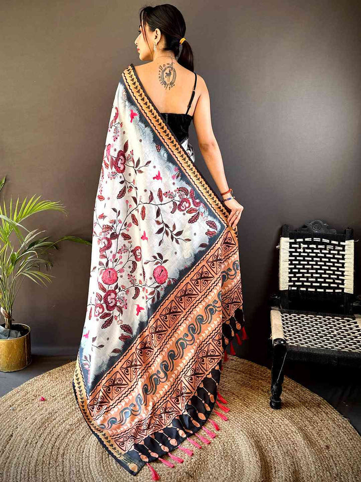 White Linen Silk Saree with Pink Floral Print & Ethnic Copper Border