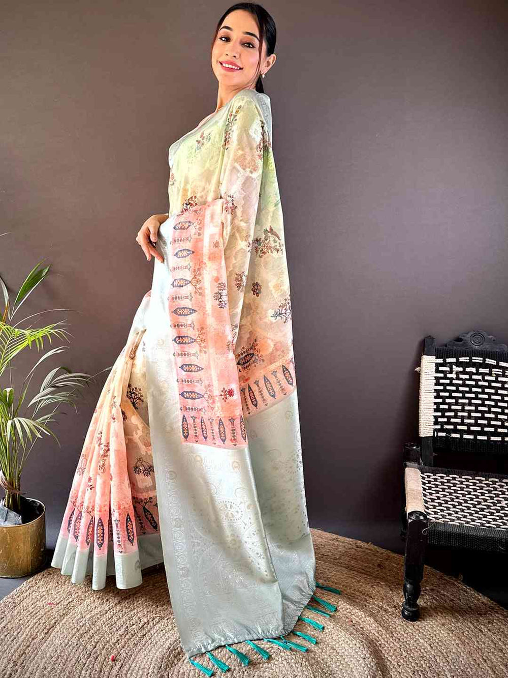 Pastel Green & Peach Linen Silk Saree with Digital Floral Print & Woven Border