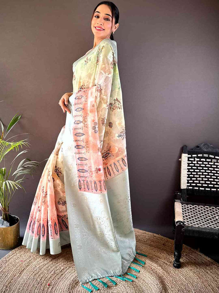 Pastel Green & Peach Linen Silk Saree with Digital Floral Print & Woven Border