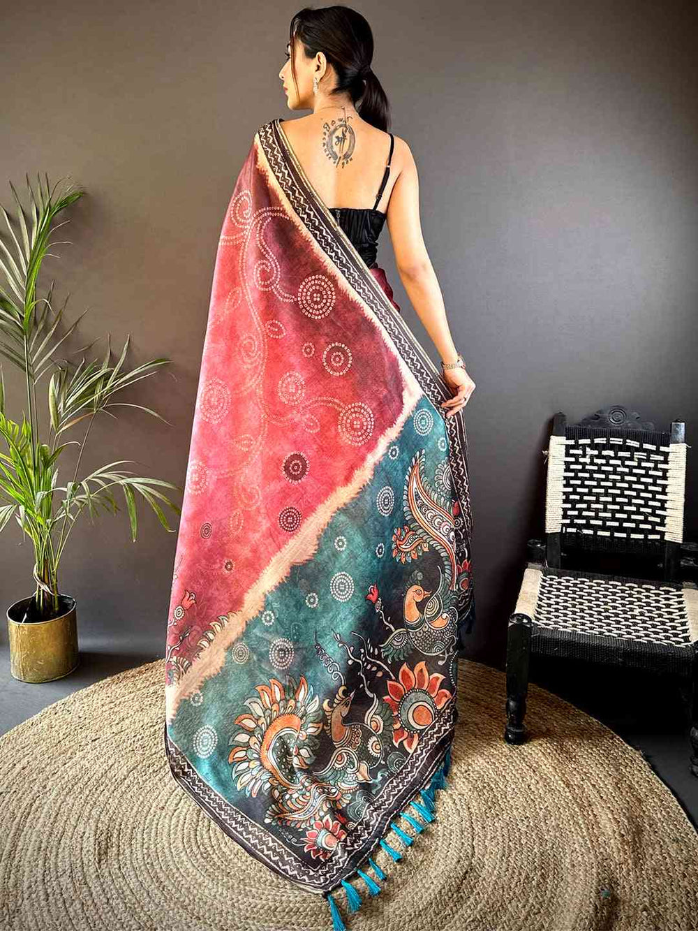 Multicolor Linen Silk Saree with Artistic Kalamkari Print & Designer Border