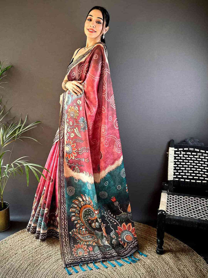 Multicolor Linen Silk Saree with Artistic Kalamkari Print & Designer Border