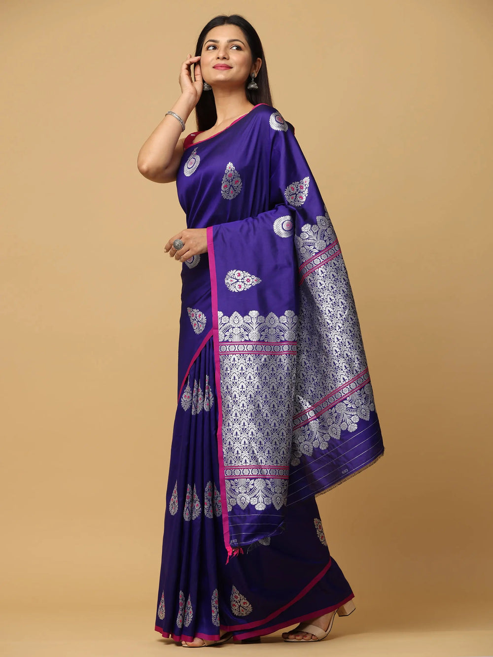 Royal Purple Silk Saree with Silver Zari Motifs & Intricate Contrast Border
