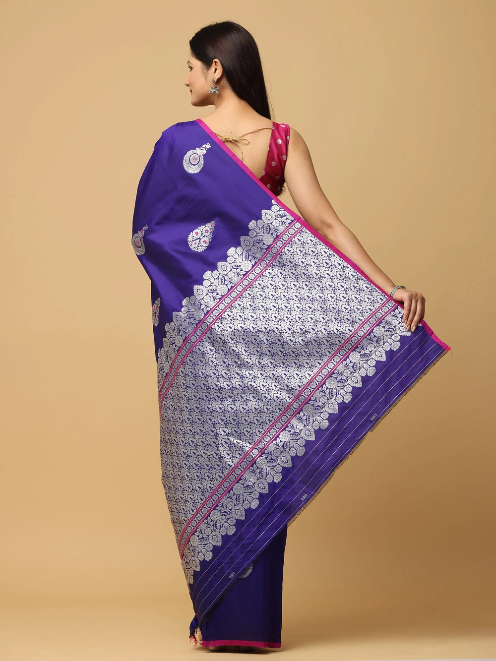 Royal Purple Silk Saree with Silver Zari Motifs & Intricate Contrast Border