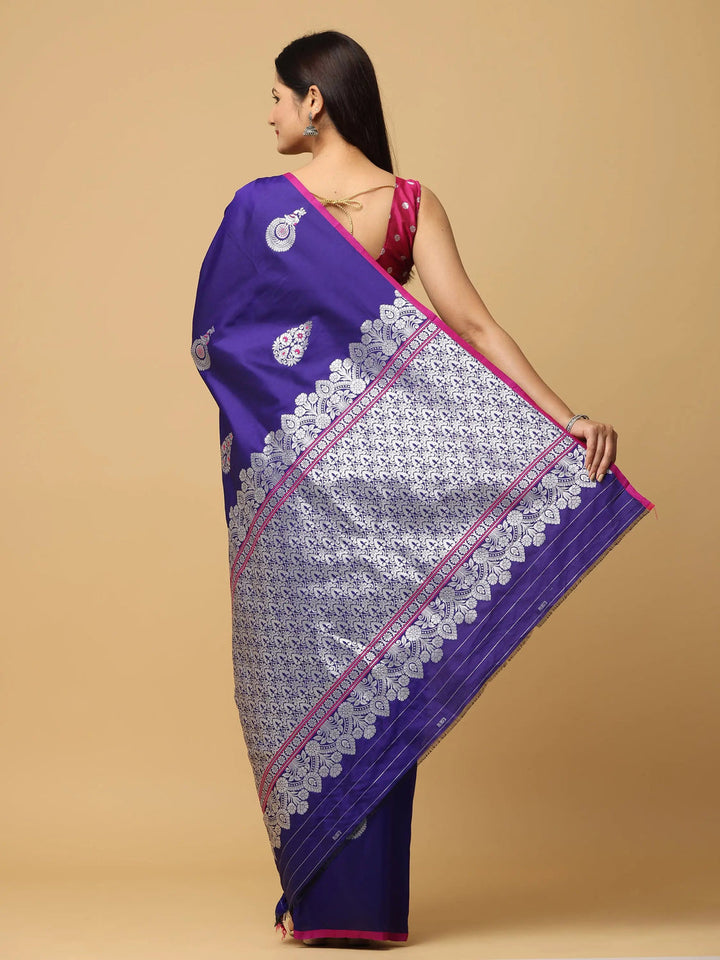 Royal Purple Silk Saree with Silver Zari Motifs & Intricate Contrast Border