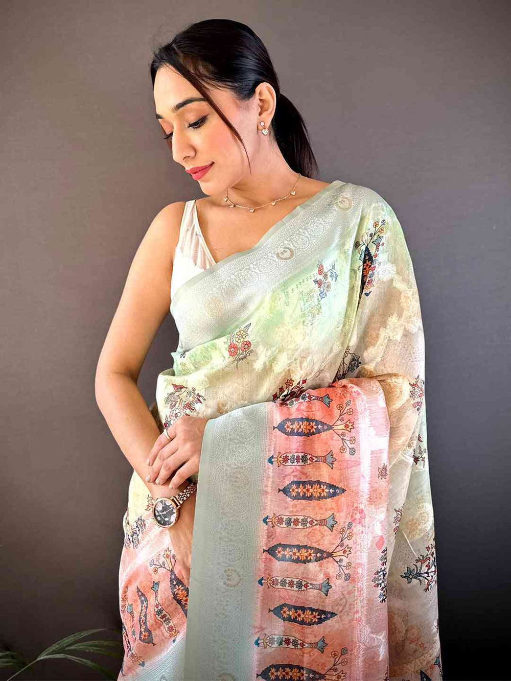 Pastel Green & Peach Linen Silk Saree with Digital Floral Print & Woven Border