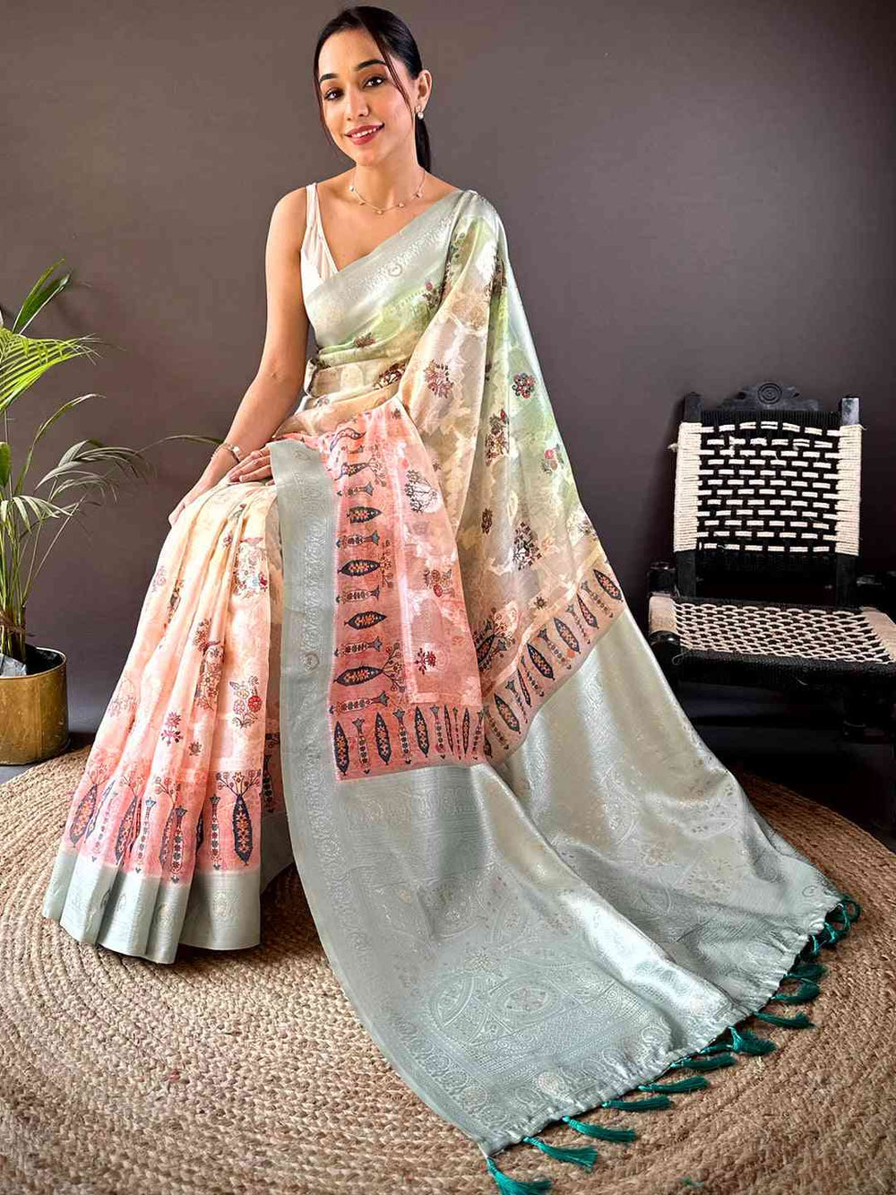 Pastel Green & Peach Linen Silk Saree with Digital Floral Print & Woven Border