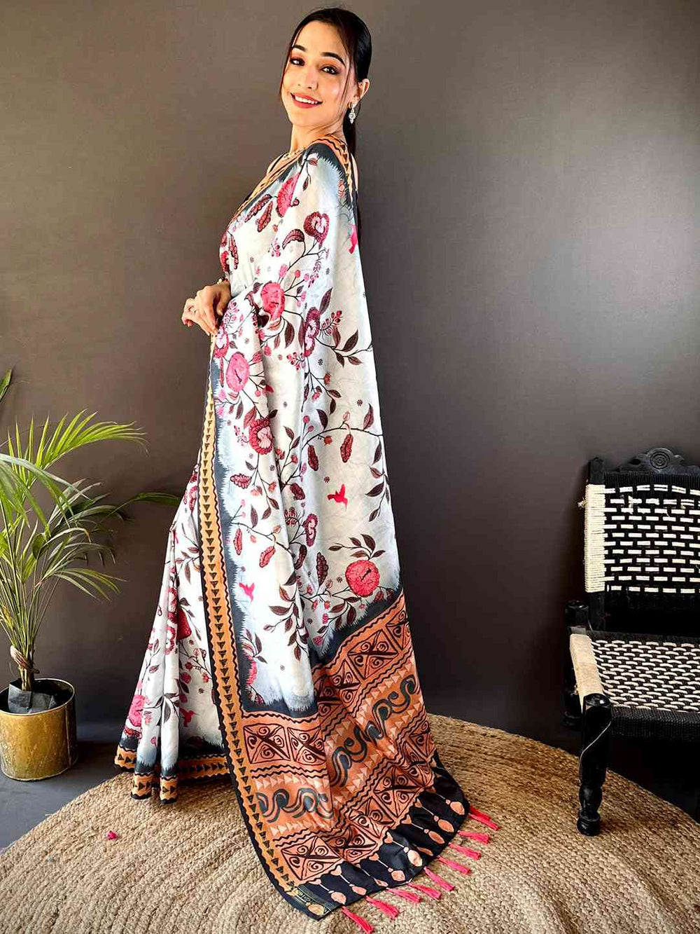 White Linen Silk Saree with Pink Floral Print & Ethnic Copper Border