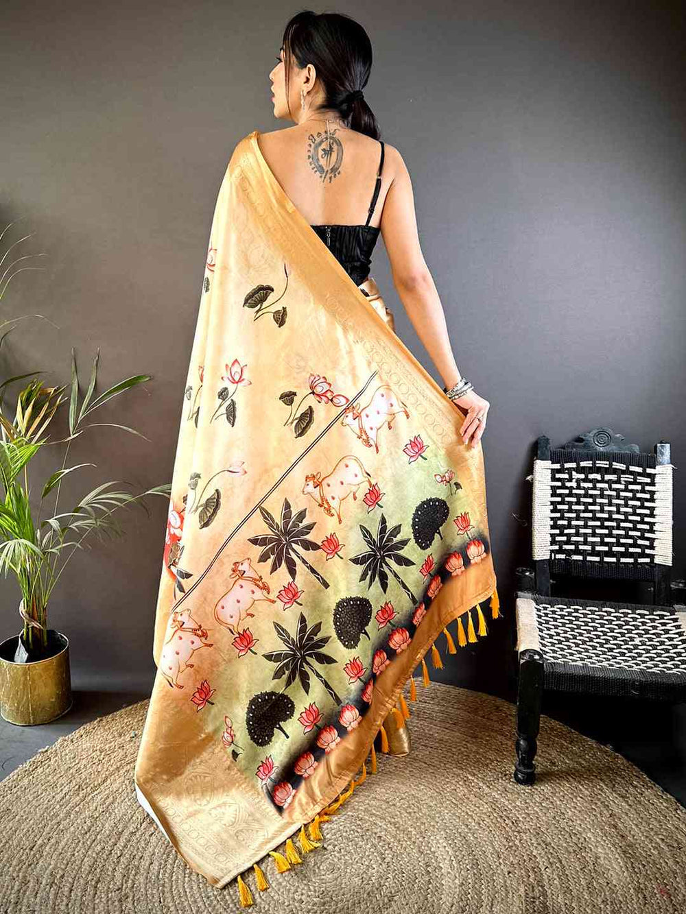 Golden Soft Silk Saree with Artistic Floral & Lotus Print