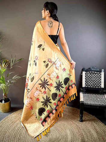 Golden Soft Silk Saree with Artistic Floral & Lotus Print