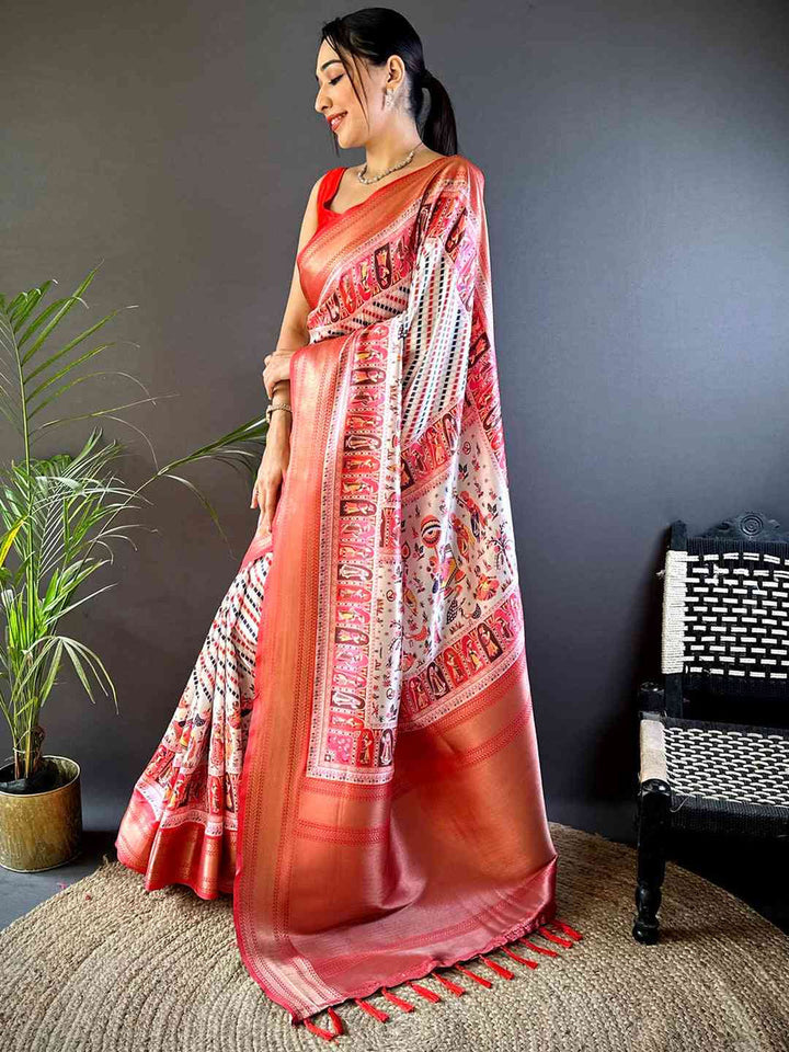 Peach Soft Silk Saree with Multicolor Patola Style Print & Zari Border