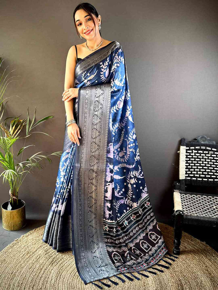 Navy Blue Banarasi Silk Saree with Silver Zari Weaving & Floral Motifs