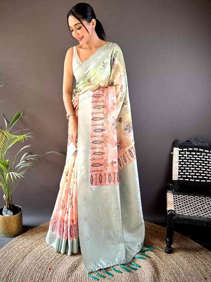 Pastel Green & Peach Linen Silk Saree with Digital Floral Print & Woven Border