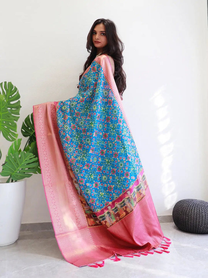 Blue Patola Print Soft Silk Saree with Peach Zari Border & Designer Pallu