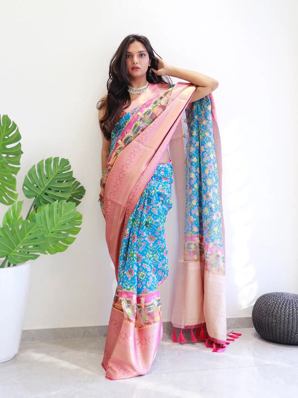 Blue Patola Print Soft Silk Saree with Peach Zari Border & Designer Pallu