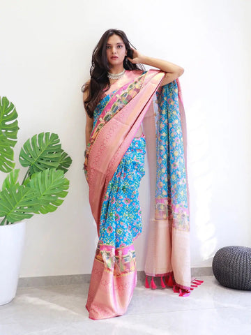 Blue Patola Print Soft Silk Saree with Peach Zari Border & Designer Pallu