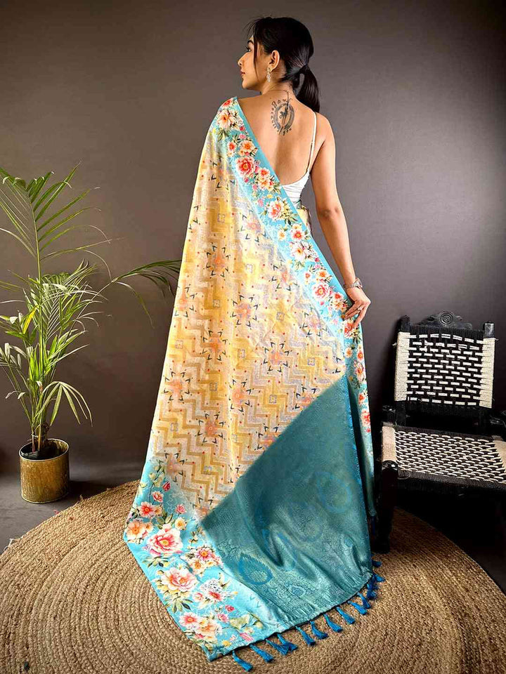 Sky Blue Soft Silk Saree with Vibrant Floral Print & Woven Zari Pallu
