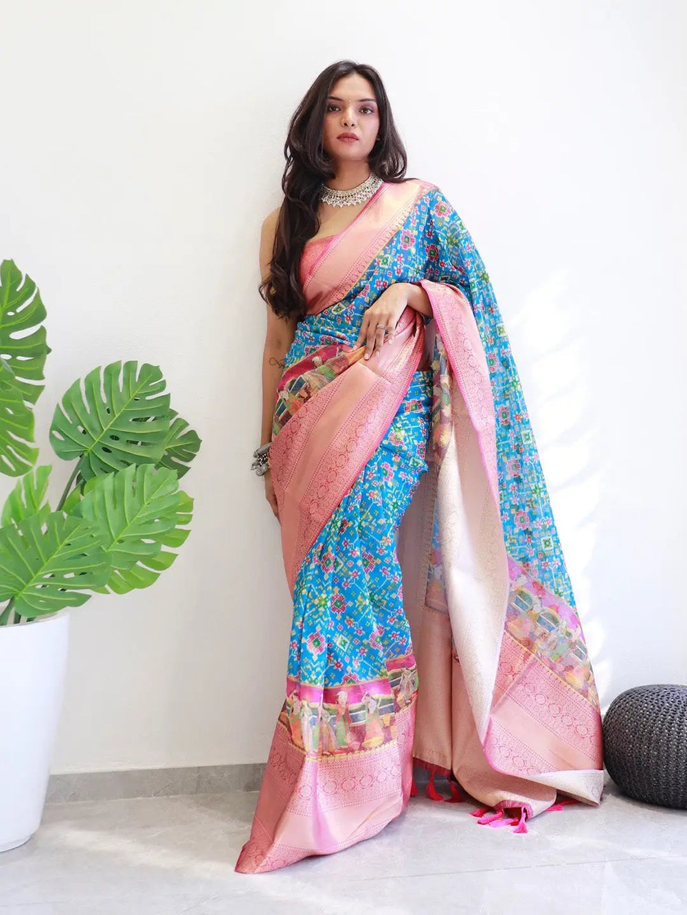 Blue Patola Print Soft Silk Saree with Peach Zari Border & Designer Pallu