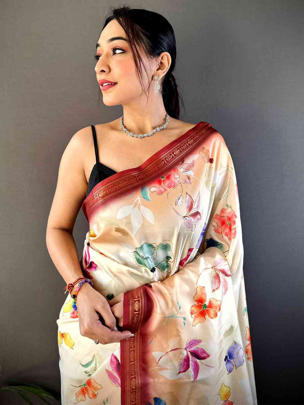 Cream Soft Silk Saree with Multicolor Floral Print & Maroon Designer Border