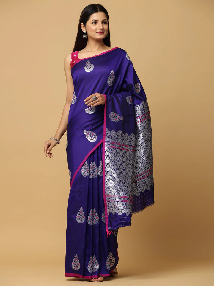 Royal Purple Silk Saree with Silver Zari Motifs & Intricate Contrast Border