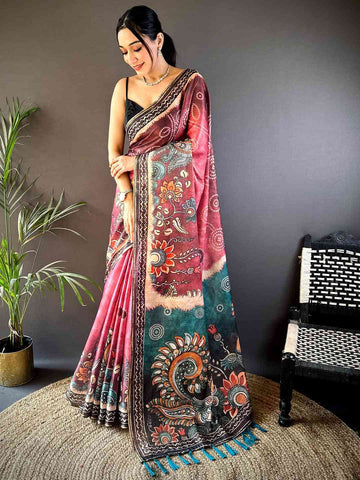Multicolor Linen Silk Saree with Artistic Kalamkari Print & Designer Border