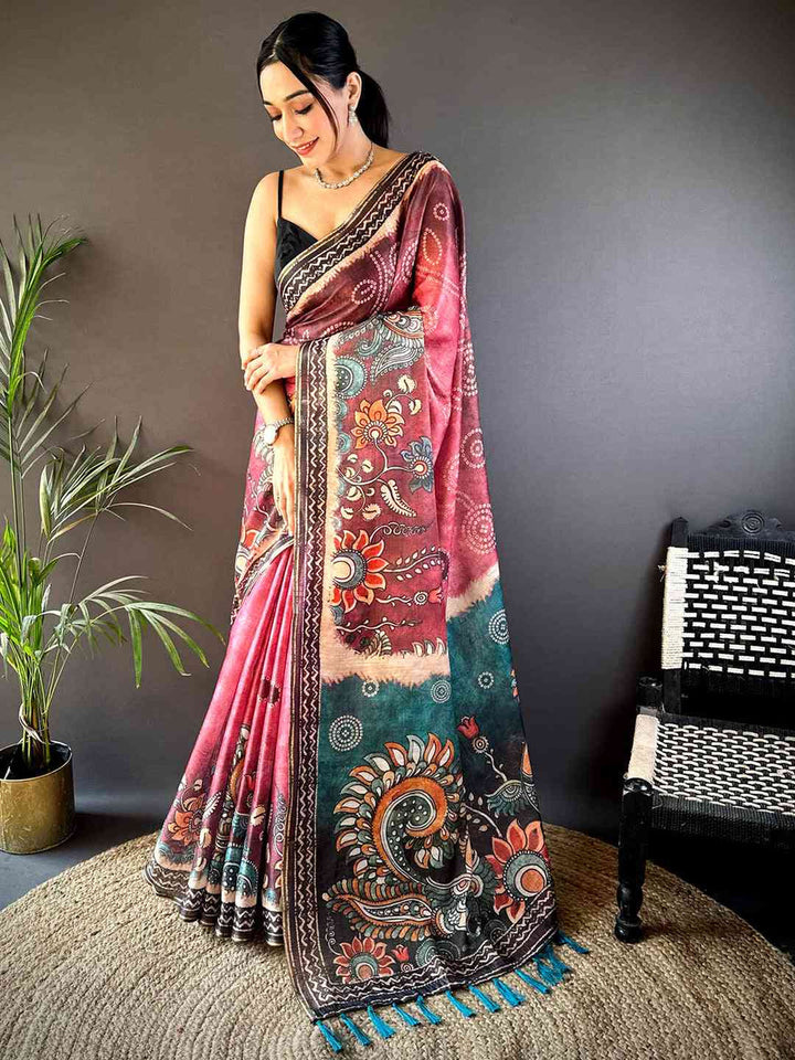 Multicolor Linen Silk Saree with Artistic Kalamkari Print & Designer Border