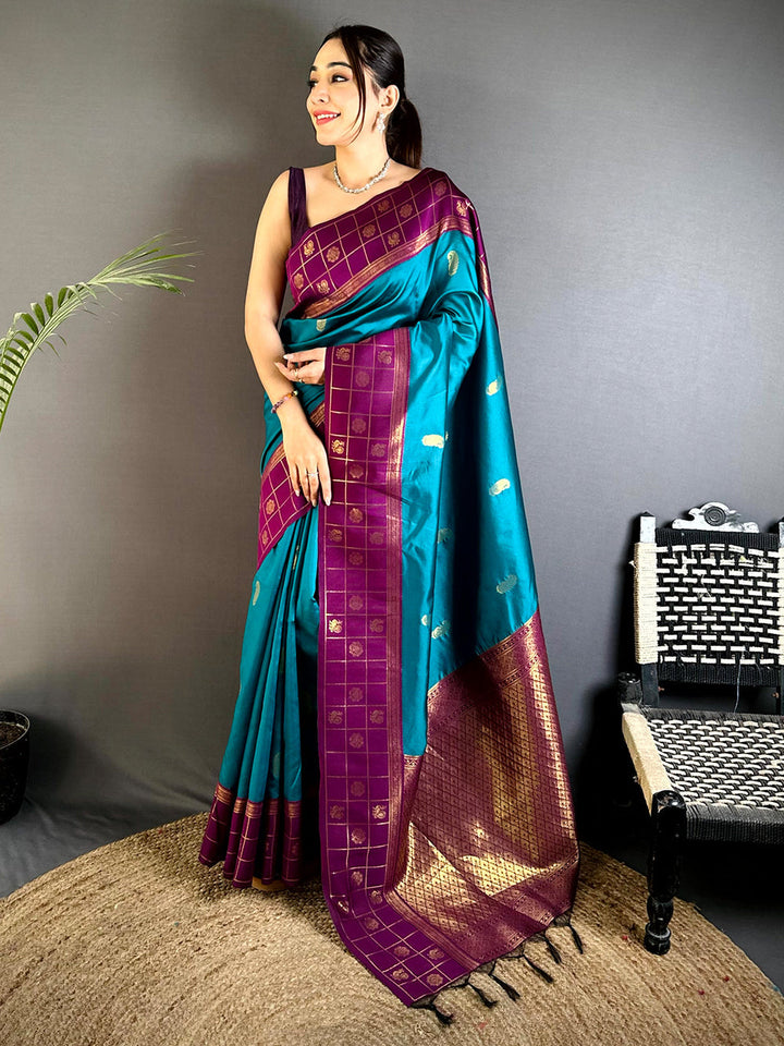 Teal & Purple Banarasi Soft Silk Saree with Gold Zari Weaving & Contrast Pallu