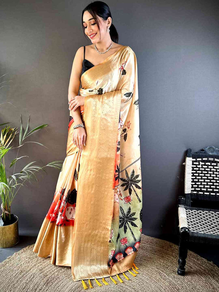Golden Soft Silk Saree with Artistic Floral & Lotus Print