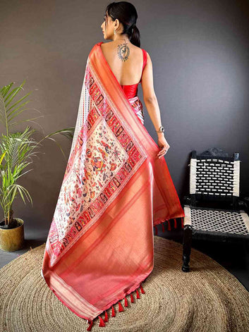 Peach Soft Silk Saree with Multicolor Patola Style Print & Zari Border