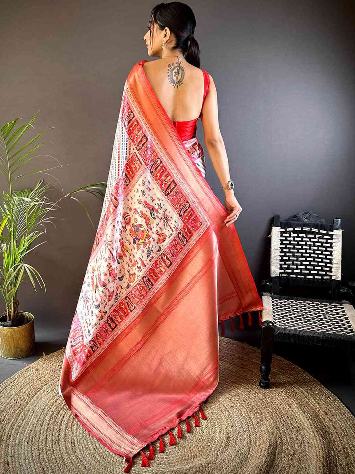 Peach Soft Silk Saree with Multicolor Patola Style Print & Zari Border