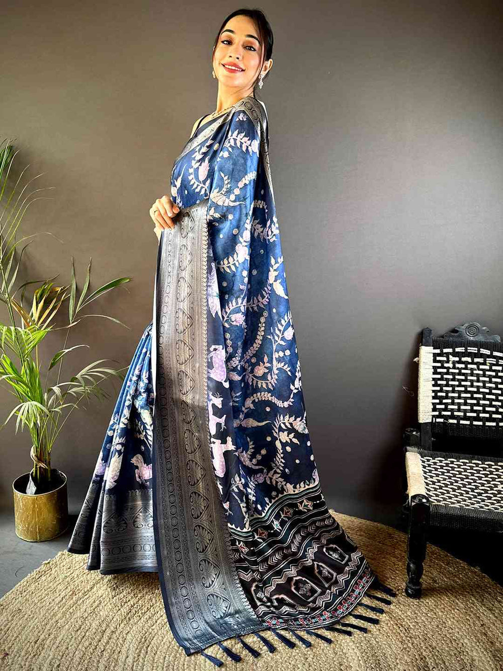 Navy Blue Banarasi Silk Saree with Silver Zari Weaving & Floral Motifs