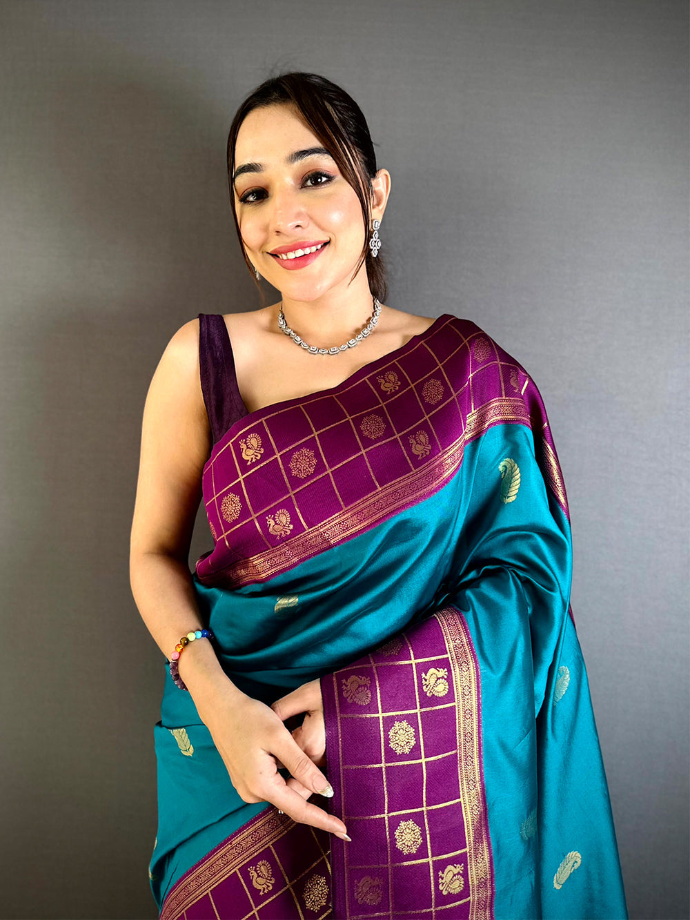 Teal & Purple Banarasi Soft Silk Saree with Gold Zari Weaving & Contrast Pallu